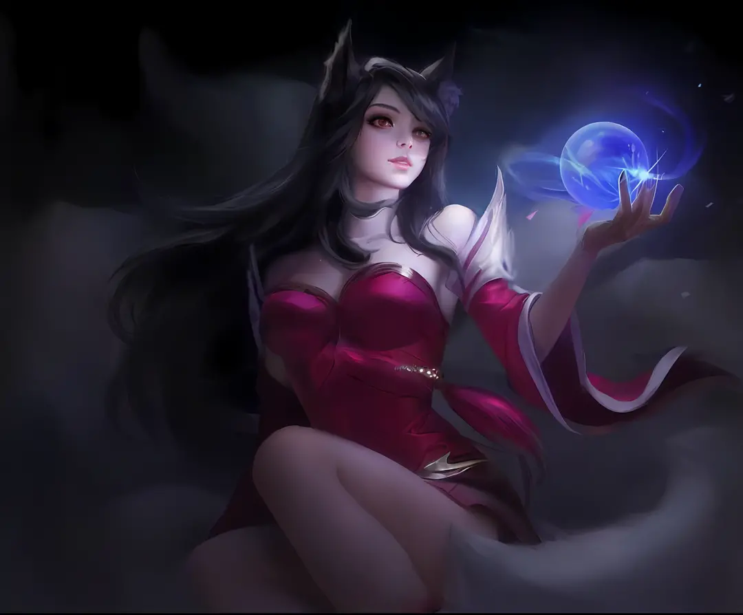 a woman in a red dress holding a glowing ball, portrait of ahri, ahri, ahri from league of legends, irelia, extremely detailed artgerm, irelia from league of legends, ig model | artgerm, morgana from league of legends, style artgerm, artgerm style, artgerm...