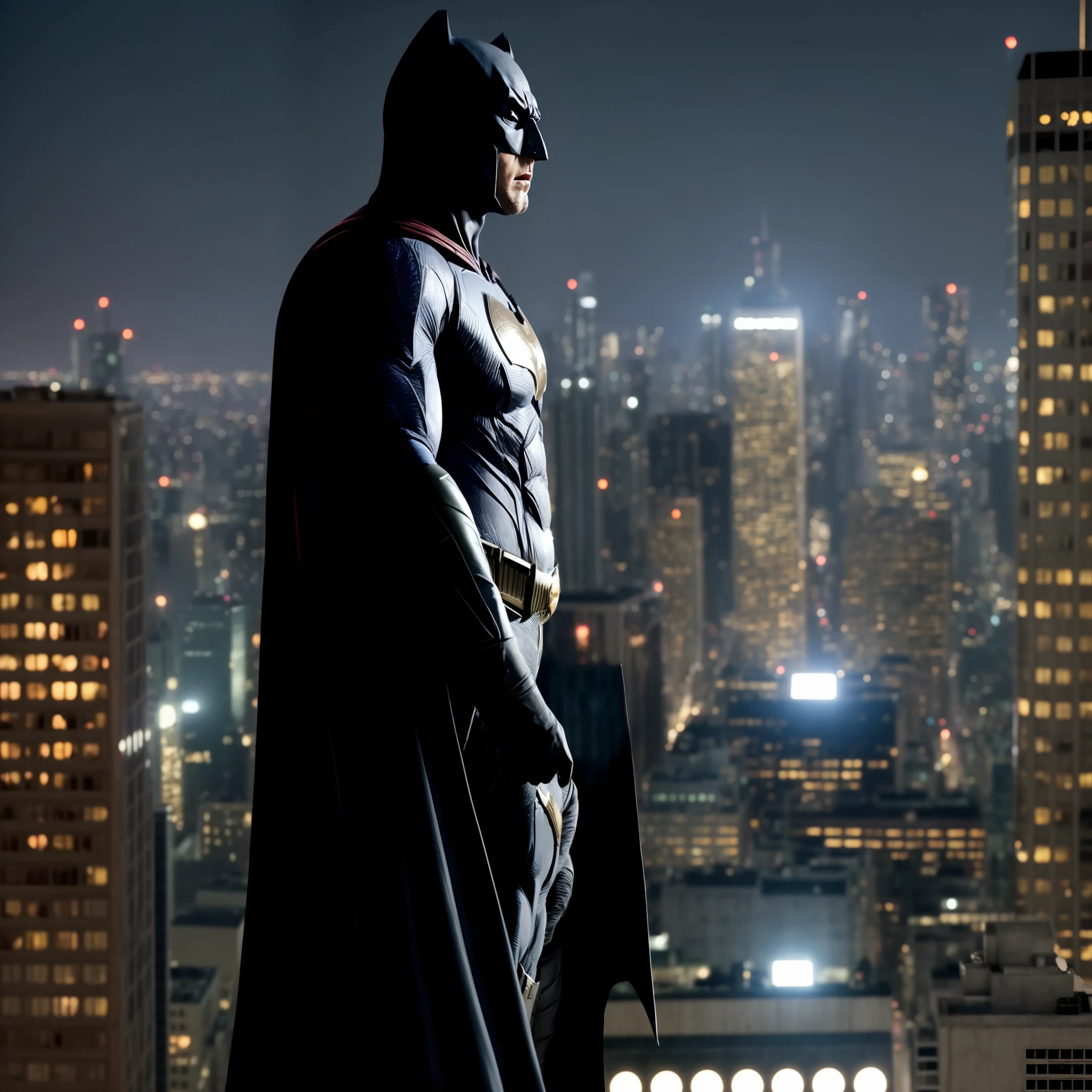 1 Batman looking at gotham, dramatic lighting, ultra realistic, UHD, ((Ben Affleck as batman)), black and gray uniform,