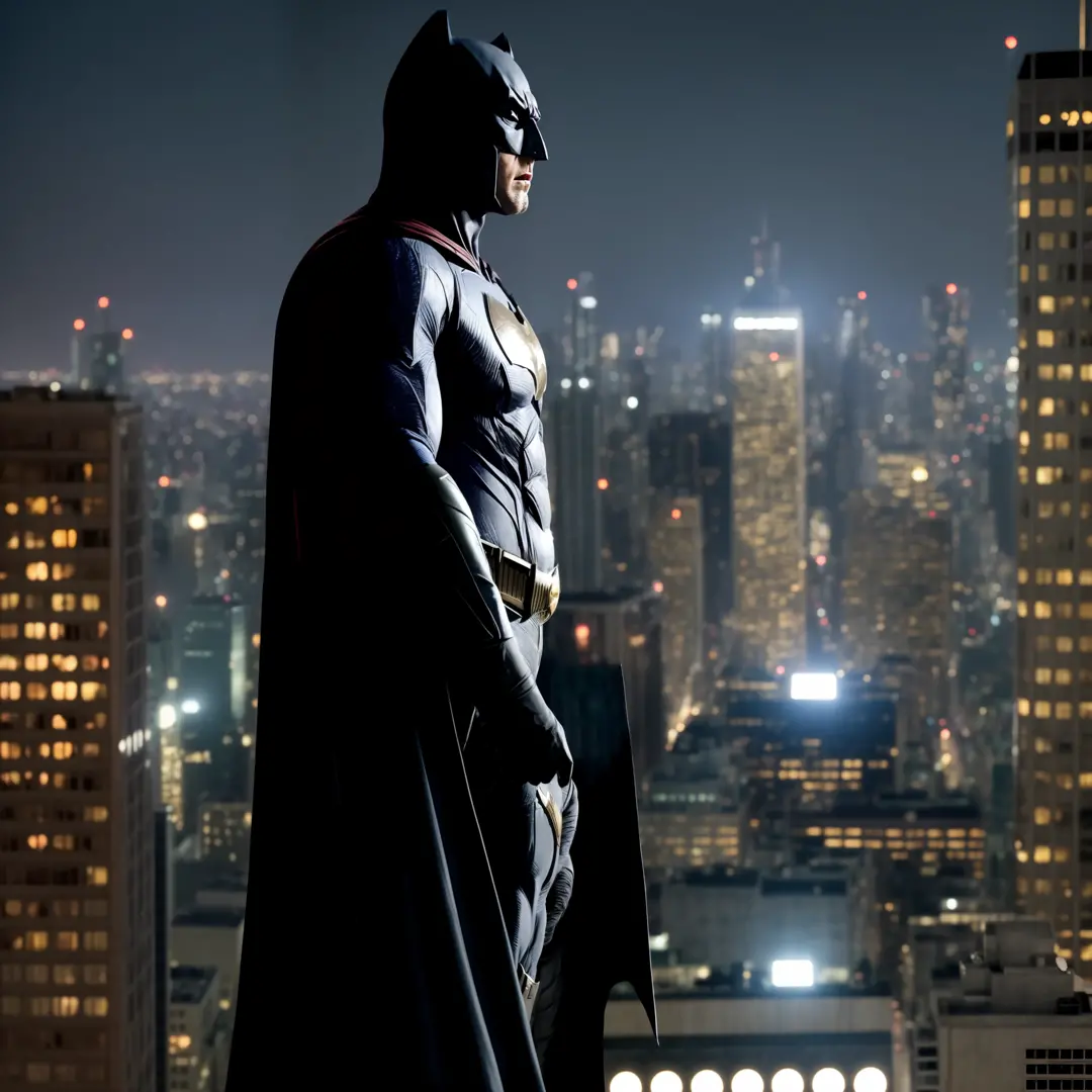 1 Batman looking at gotham, dramatic lighting, ultra realistic, UHD, ((Ben Affleck as batman)), black and gray uniform,