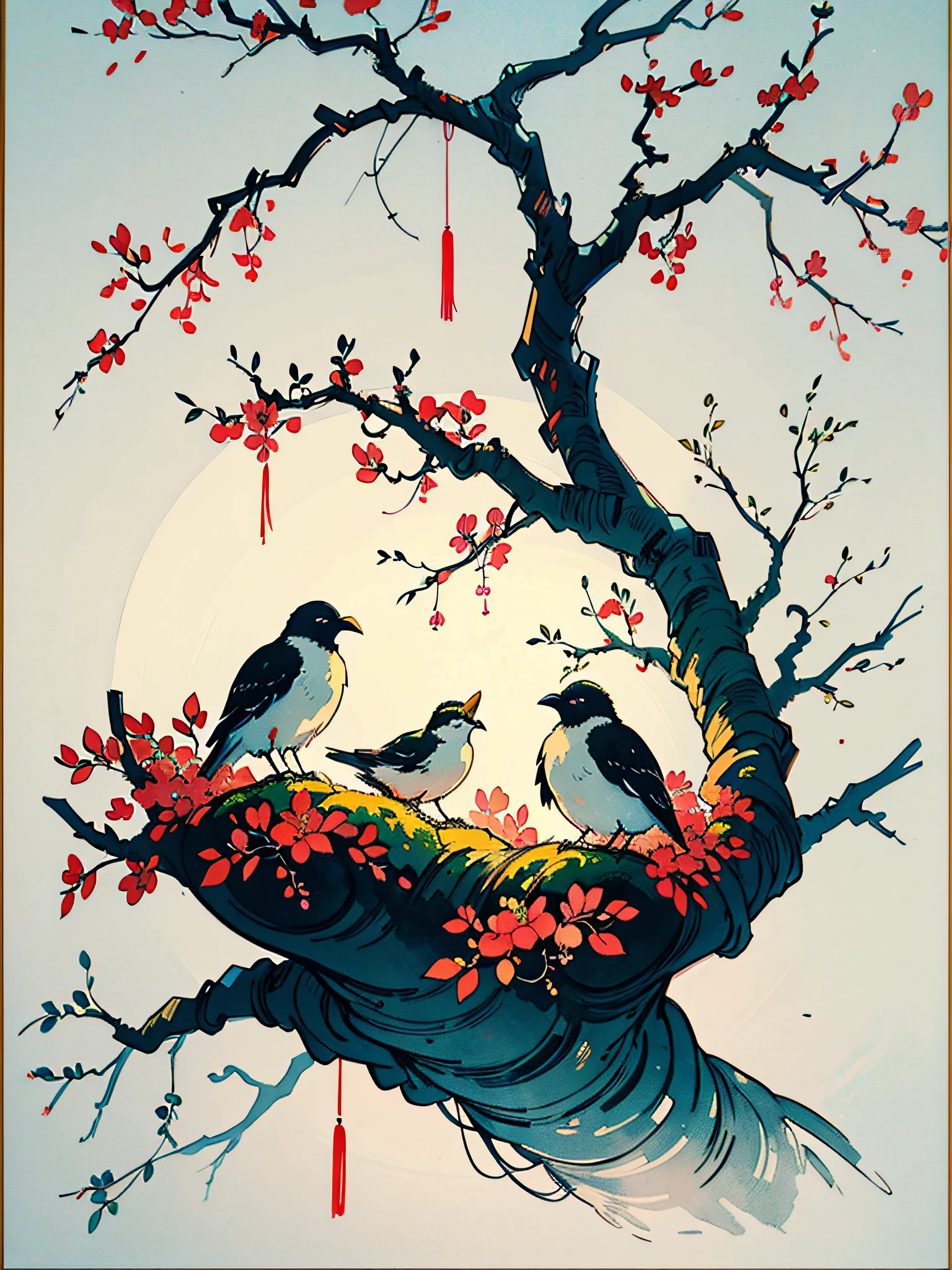 白黒のインクと淡い色の絵画, 静かな果樹園を描いた図に漢字が書かれている, 前景には巣を作っている鳥のつがいと果物の実った枝がある, アン・ジェンウェン, 有機的な絵画, ミニマリズム絵画, 美術&言語, インクとウォッシュ,