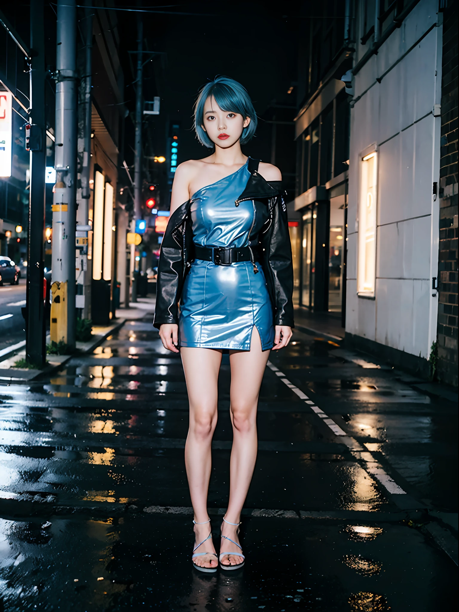 masterpiece, raw photo, film photo, 90s flash photo, 1girl, empty road, beautiful 1girl, sin front of camera, best quality, (bob light blue ash hair:1.3), Long Legs, (Black Leather Jacket: 1.2), slit skirt, One-shoulder dress