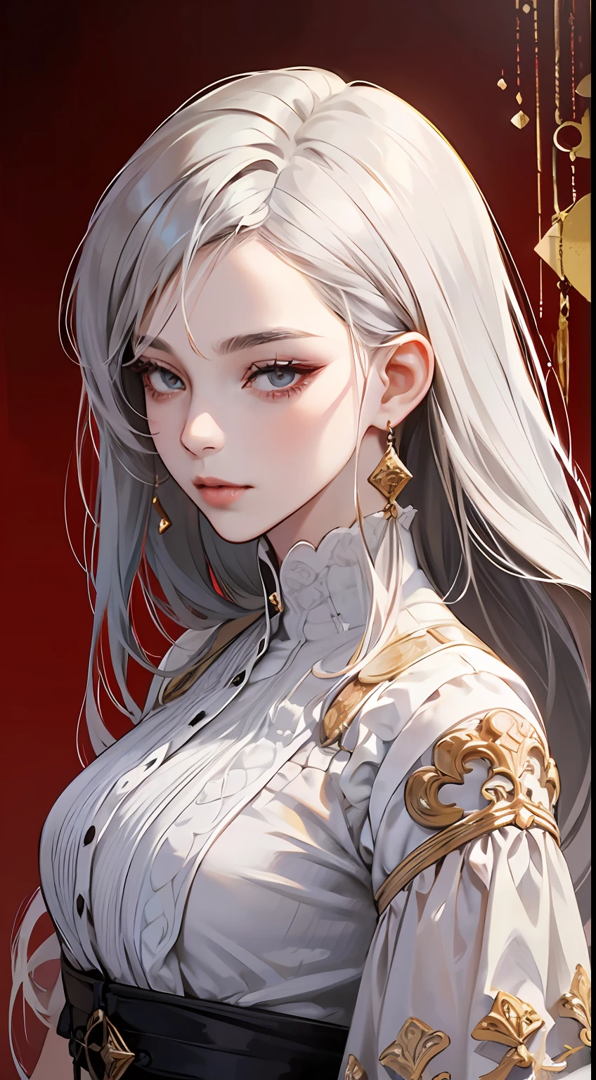 A painting of a woman with gray hair and an orange top, stunning anime face portrait, beautiful character painting, beautiful anime portrait, her image is rendered by red paint, presenting a stunning effect. The painting is very detailed, depicting women's faces and clothing. Her face has a creamy dripping effect, which makes the whole face more vivid. She wears a beautiful detailed outfit with pale gray hair. The proportions are accurate, and the costumes of the female characters are traditionally dressed, showing a classical charm.