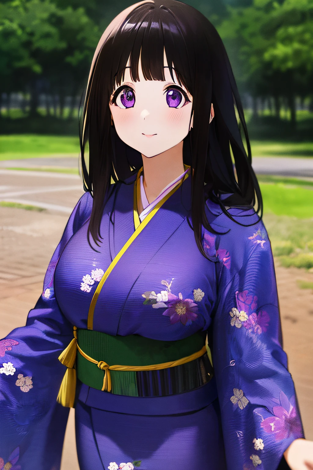 (1girl), best quality, 4k, outdoor, park, sunny, chitanda_eru, ((hime_cut, straightbangs)), mery(yangmalgage) , looking_at_camera, looking_at_viewer, running, kimono, brunette, timid smile, deep eyes, sensual, (((purple eyes, round_eyes, big_eyes))), dark hair, straight fringe, park background, dynamic, slender, highly detailed, normal breasts, medium straight hair, perfect drawing, best quality, masterpiece, ultra-detailed,  balanced composition, fashion illustration, female anime protagonist, detailed facial features, aesthetically pleasing, featured on pixiv