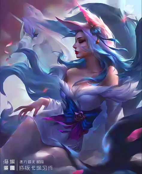 anime girl with blue hair and a unicorn hat sitting on a rock, seraphine ahri kda, ahri, portrait of ahri, style artgerm, extremely detailed artgerm, artgerm lau, ig model | artgerm, trending artgerm, style of artgerm, artgerm style, as seen on artgerm
