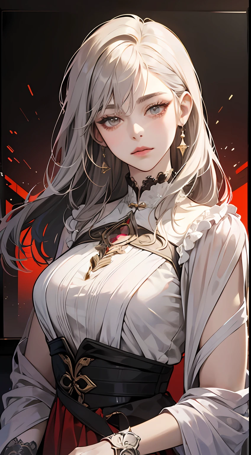 A painting of a woman with gray hair and an orange top, stunning anime face portrait, beautiful character painting, beautiful anime portrait, her image is rendered by red paint, presenting a stunning effect. The painting is very detailed, depicting women's faces and clothing. Her face has a creamy dripping effect, which makes the whole face more vivid. She wears a beautiful detailed outfit with pale gray hair. The proportions are accurate, and the costumes of the female characters are traditionally dressed, showing a classical charm.