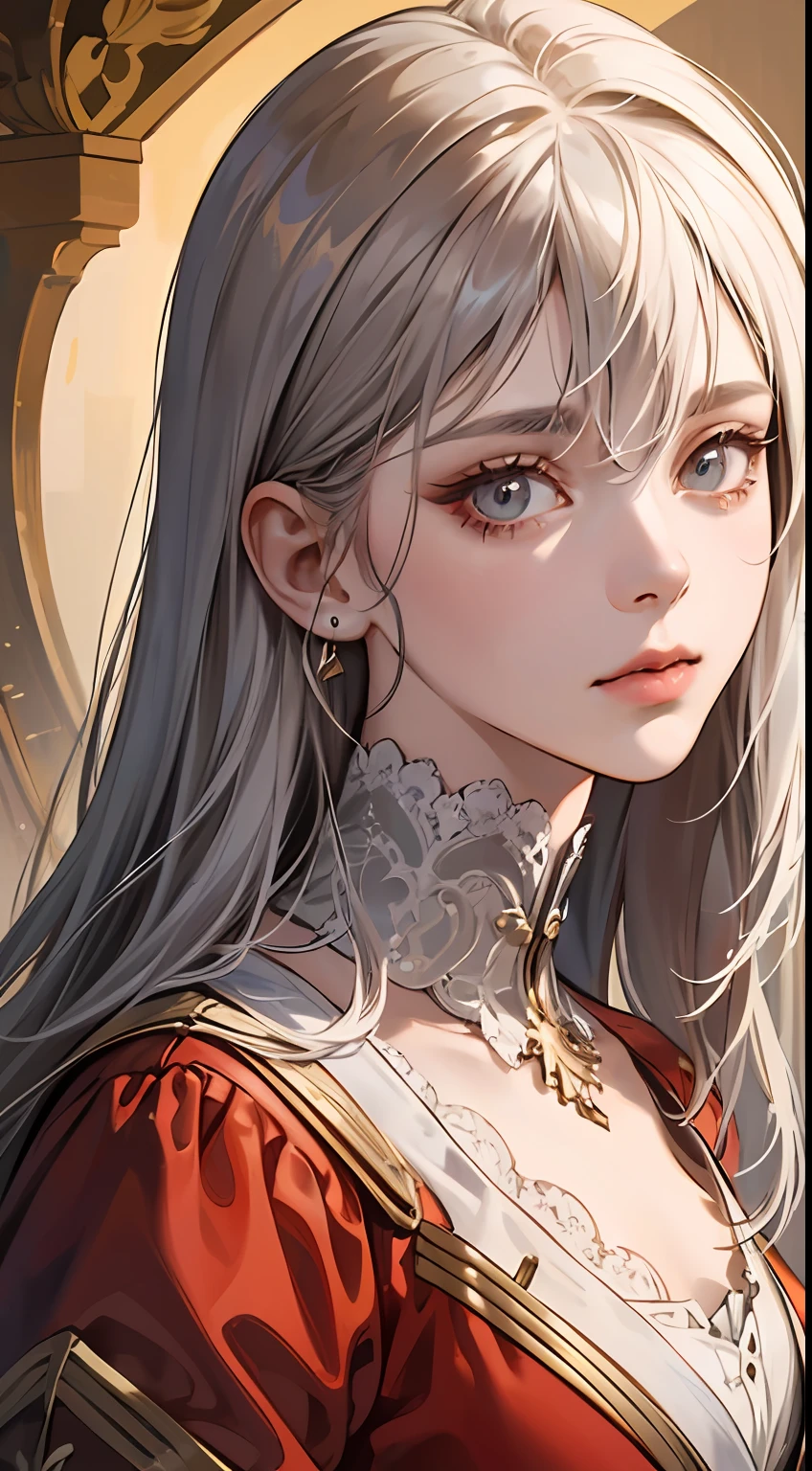 A painting of a woman with gray hair and an orange top, stunning anime face portrait, beautiful character painting, beautiful anime portrait, her image is rendered by red paint, presenting a stunning effect. The painting is very detailed, depicting women's faces and clothing. Her face has a creamy dripping effect, which makes the whole face more vivid. She wears a beautiful detailed outfit with pale gray hair. The proportions are accurate, and the costumes of the female characters are traditionally dressed, showing a classical charm.