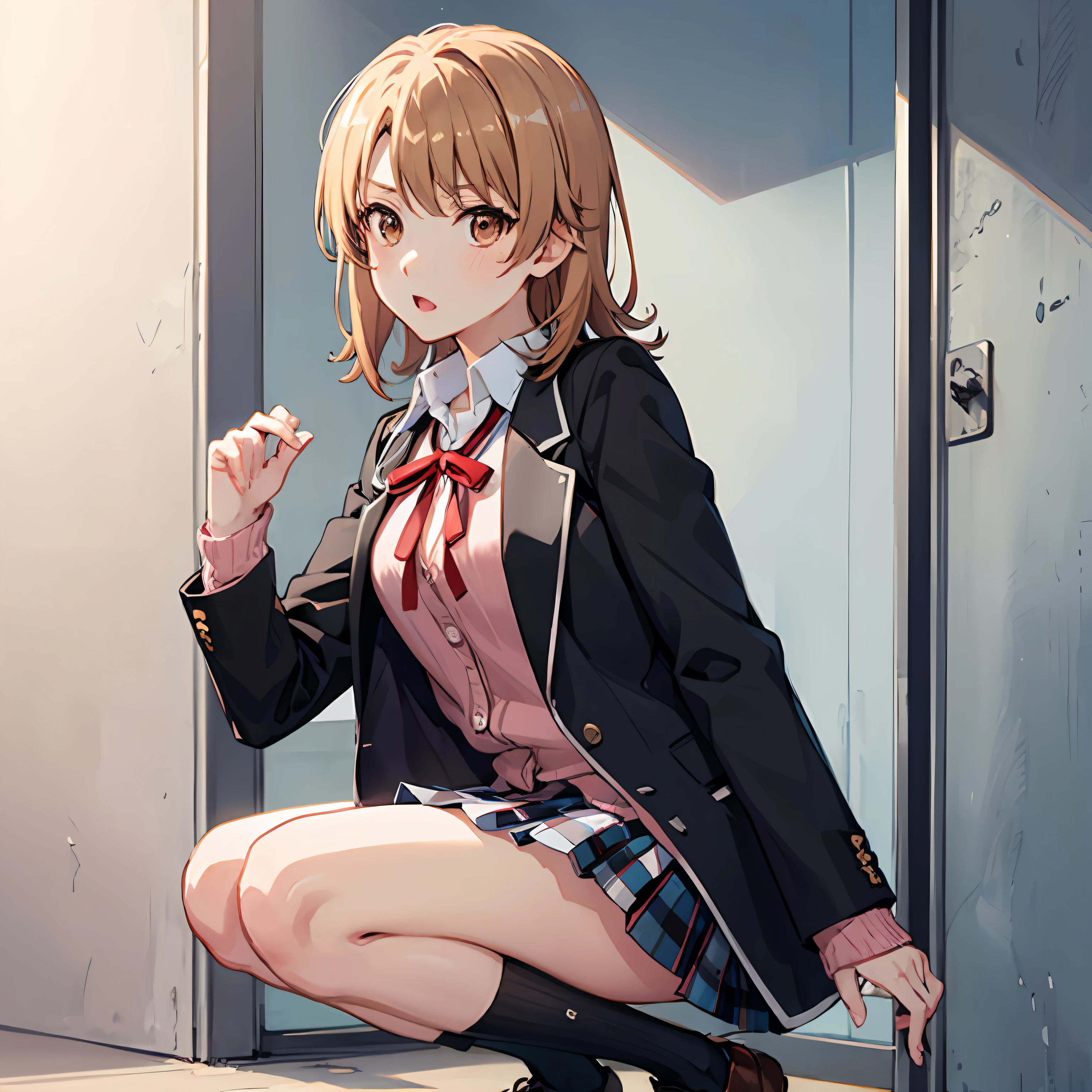 Iroha Isshiki, Short Hair, Brown Hair, Brown Eyes, Skirt, Shirt, Ribbon, Uniform, Jacket, White Shirt, Open Clothes, Socks, Open Jacket, Black Jacket, Plaid, Knee High, Plaid Skirt, Blazer, Cardigan, Black Socks, Pink Cardigan, Sobu High , Solo