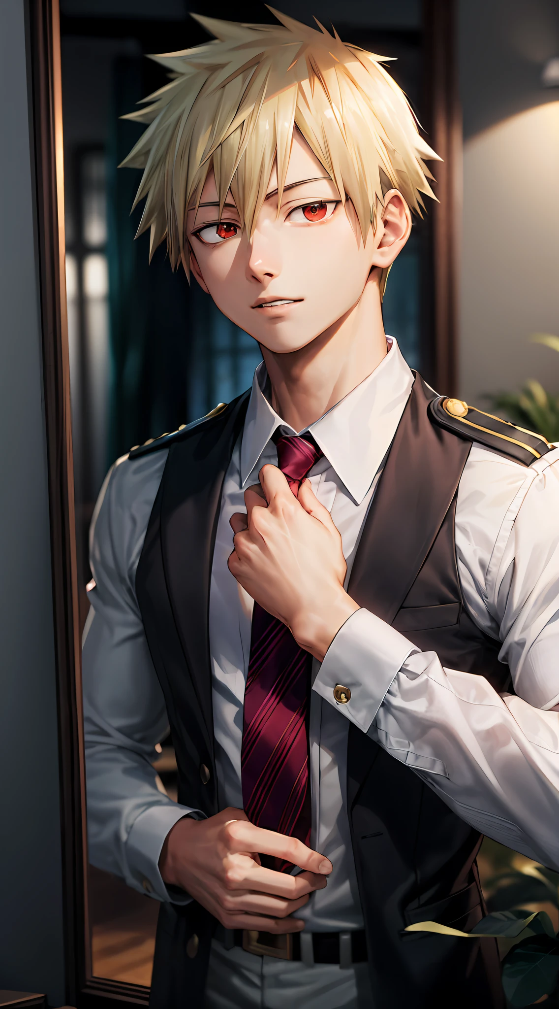 Anime guy with blonde hair and red tie standing in front of a mirror -  SeaArt AI