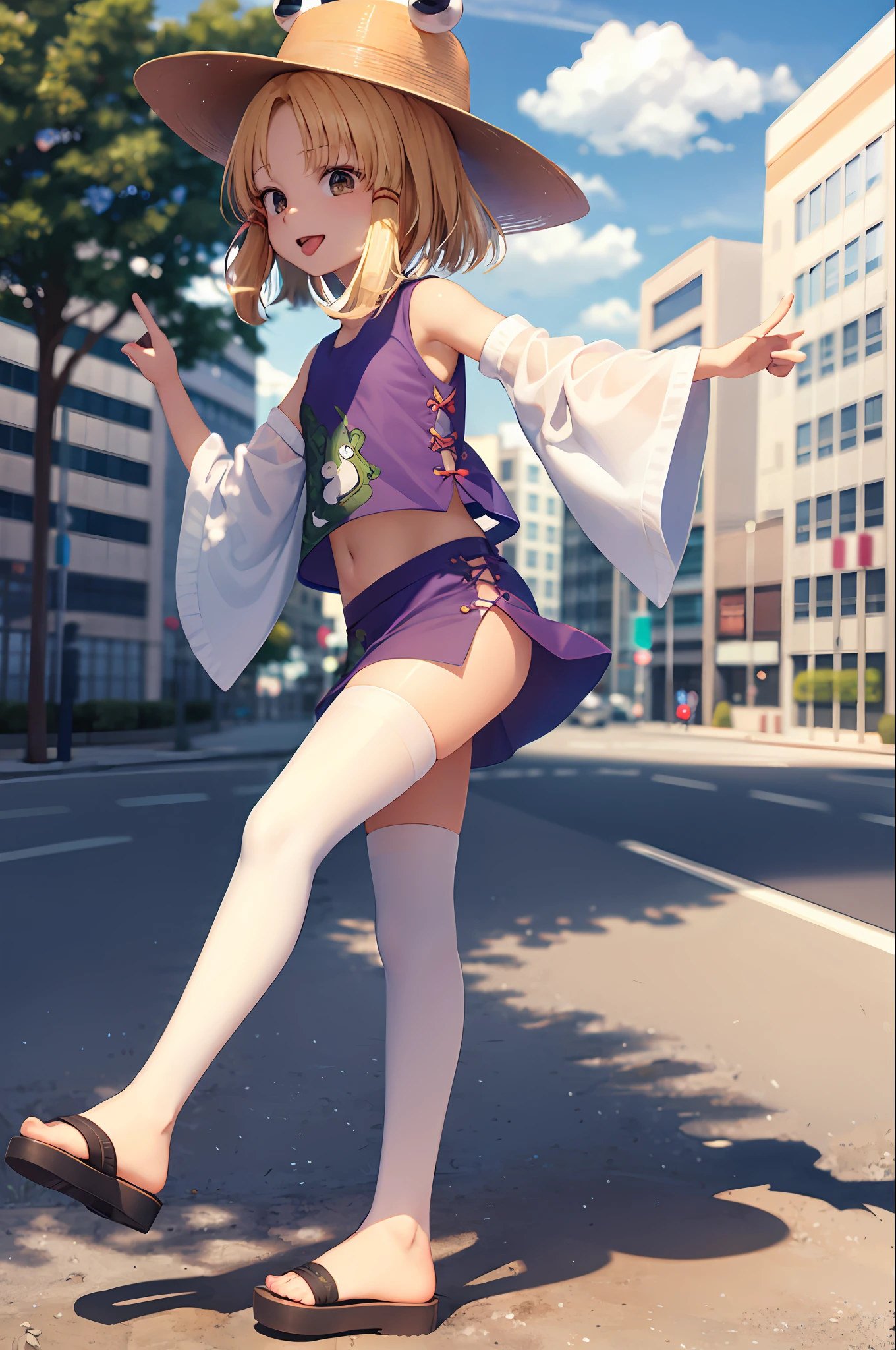 masterpiece, best quality, 1girl, full body, smug, moriya suwako, frog print, vest, purple vest, navel, midriff, small breasts, yellow eyes, horizontal pupils, tongue, city backgrounds, outdoors, walking on street, 9 years old, petite, miniskirt, no panties, bare shoulders, armpits, detached sleeves, white thighhighs, wooden sandal, from side, (kbxll:0.7),