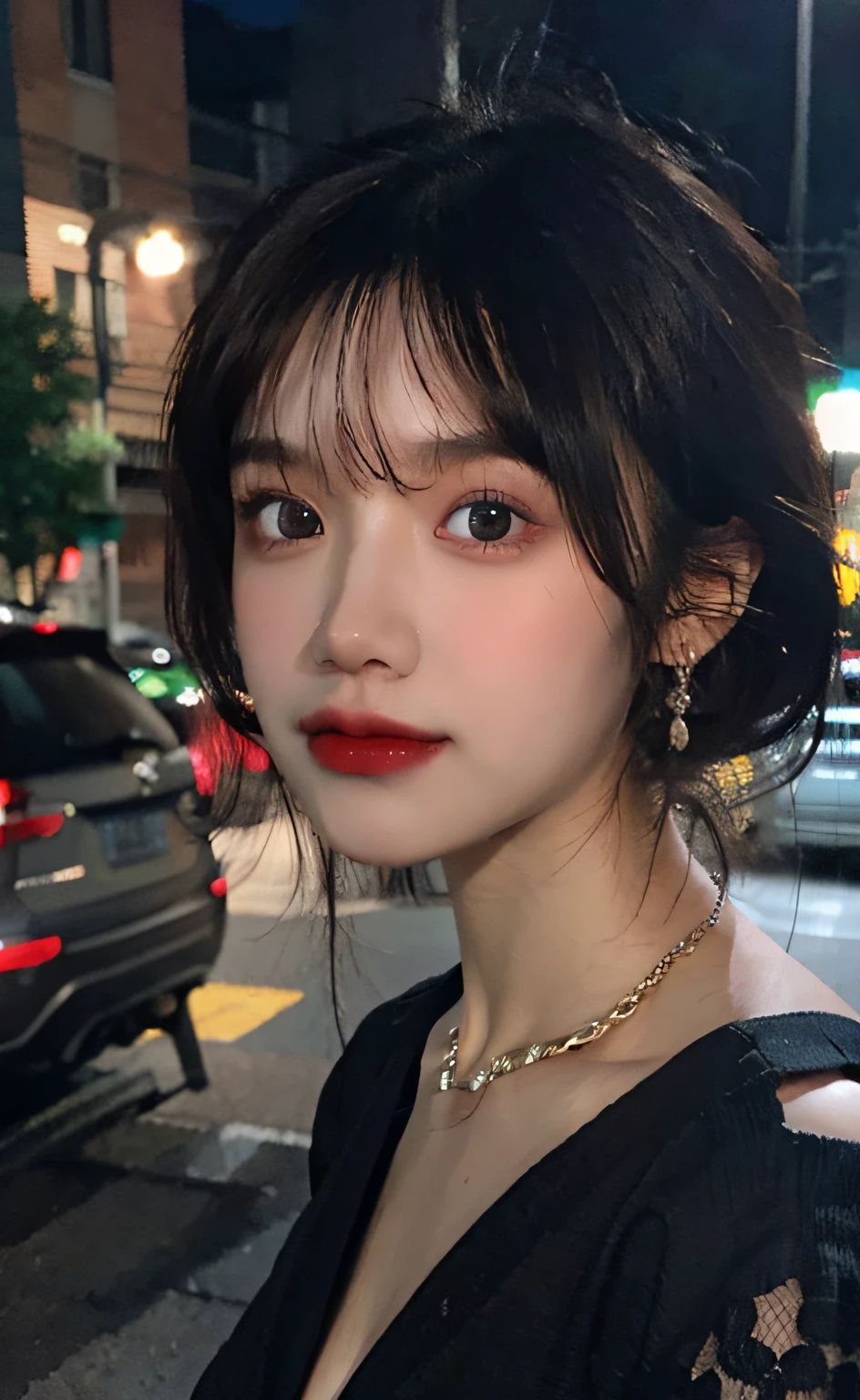 mix4, (8k, RAW photo, best quality, masterpiece: 1.45), (realistic, photorealistic: 1.37), one girl, cute, cityscape, night, rain, wet, professional lighting, photons mapping, radiosity, physically based rendering, gradient black hair, gray hair, short curly hair, handsome, girl, loose black lace(((Deep V-neckline)))slip dress, top quality photo, high res, 1080p, (clear face), (detailed face description), (detailed hand description), (masterpiece), (exquisite CG), extreme light and shadow, disheveled hair, master work, rich details, (fine facial features), (highest quality photo), (masterpiece), (detailed eyes), look in front of you eyes, fine clavicle, ((big breasts, huge areola)),(((areola_slip))),((puffy areolae)),((sideboob)),(underboob),(((collar))),earrings,cleavage,(NSFW:1.2)