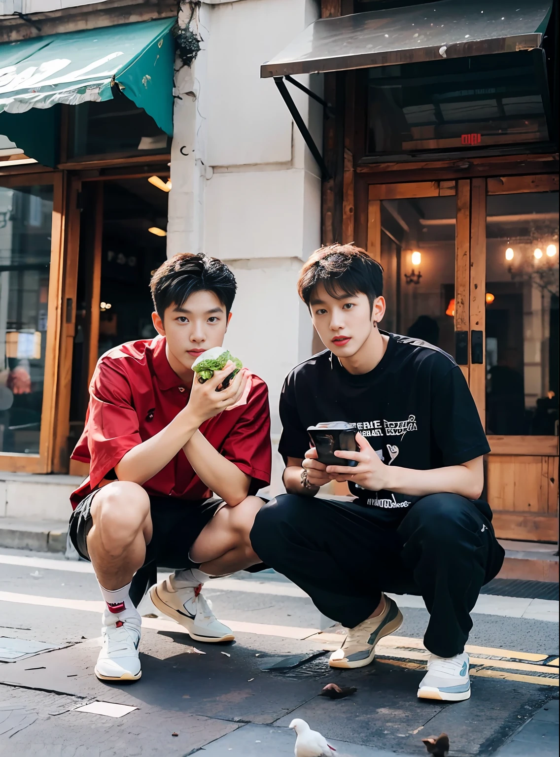 (Chinese handsome guy: 1.5), two boys squatting in the square feeding pigeons, realistic details, realistic photos, textured skin, looking at pigeons, feeding pigeons to eat, 18 years old boy, studio, model, long legs