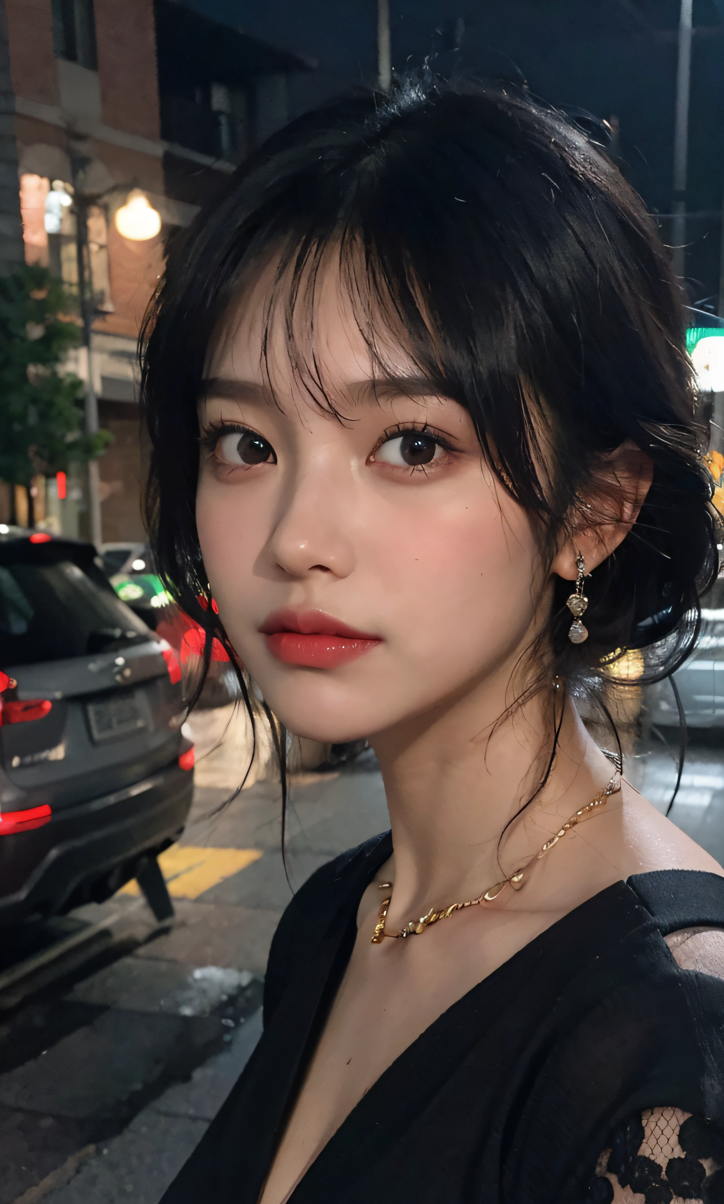 mix4, (8k, RAW photo, best quality, masterpiece: 1.45), (realistic, photorealistic: 1.37), one girl, cute, cityscape, night, rain, wet, professional lighting, photons mapping, radiosity, physically based rendering, gradient black hair, gray hair, short curly hair, handsome, girl, loose black lace(((Deep V-neckline)))slip dress, top quality photo, high res, 1080p, (clear face), (detailed face description), (detailed hand description), (masterpiece), (exquisite CG), extreme light and shadow, disheveled hair, master work, rich details, (fine facial features), (highest quality photo), (masterpiece), (detailed eyes), look in front of you eyes, fine clavicle, ((big breasts, huge areola)),(((areola_slip))),((puffy areolae)),((sideboob)),(underboob),(((collar))),earrings,cleavage,(NSFW:1.2)