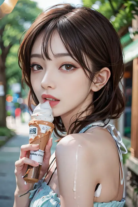 a charming girl licking ice cream very seductively, looking at viewer, from side, face focus, food focus, (eyeliner:1.2), (best ...