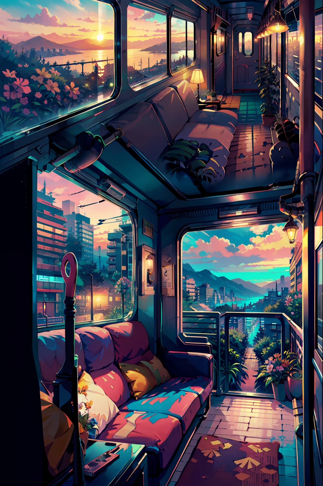 masterpiece, high quality, train, train compartment, exquisite interior, window view, bridge, sea, mountains, sunset, city, neon light, night, bed, sofa, pillows, sconces, flowers, hemp, smoking marijuana