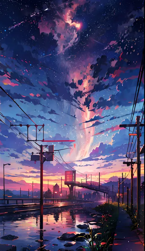 Anime train crossing track in sky background, beautiful and harmonious scene, exquisite animation, rich details (width is 672), high quality, clarity 4k, artistic 4k wallpaper, stunning anime landscape, 8k art wallpaper.