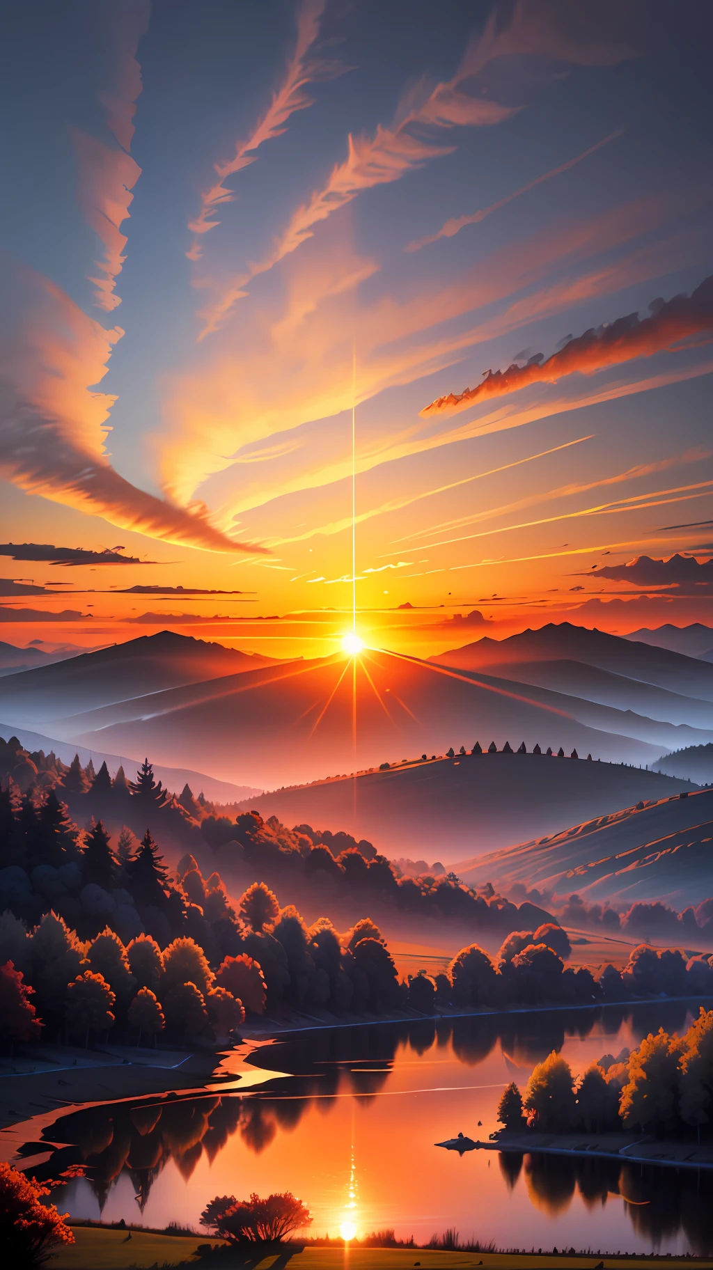 Изображение, изображающее сияющий восход солнца над спокойным и безмятежным пейзажем.