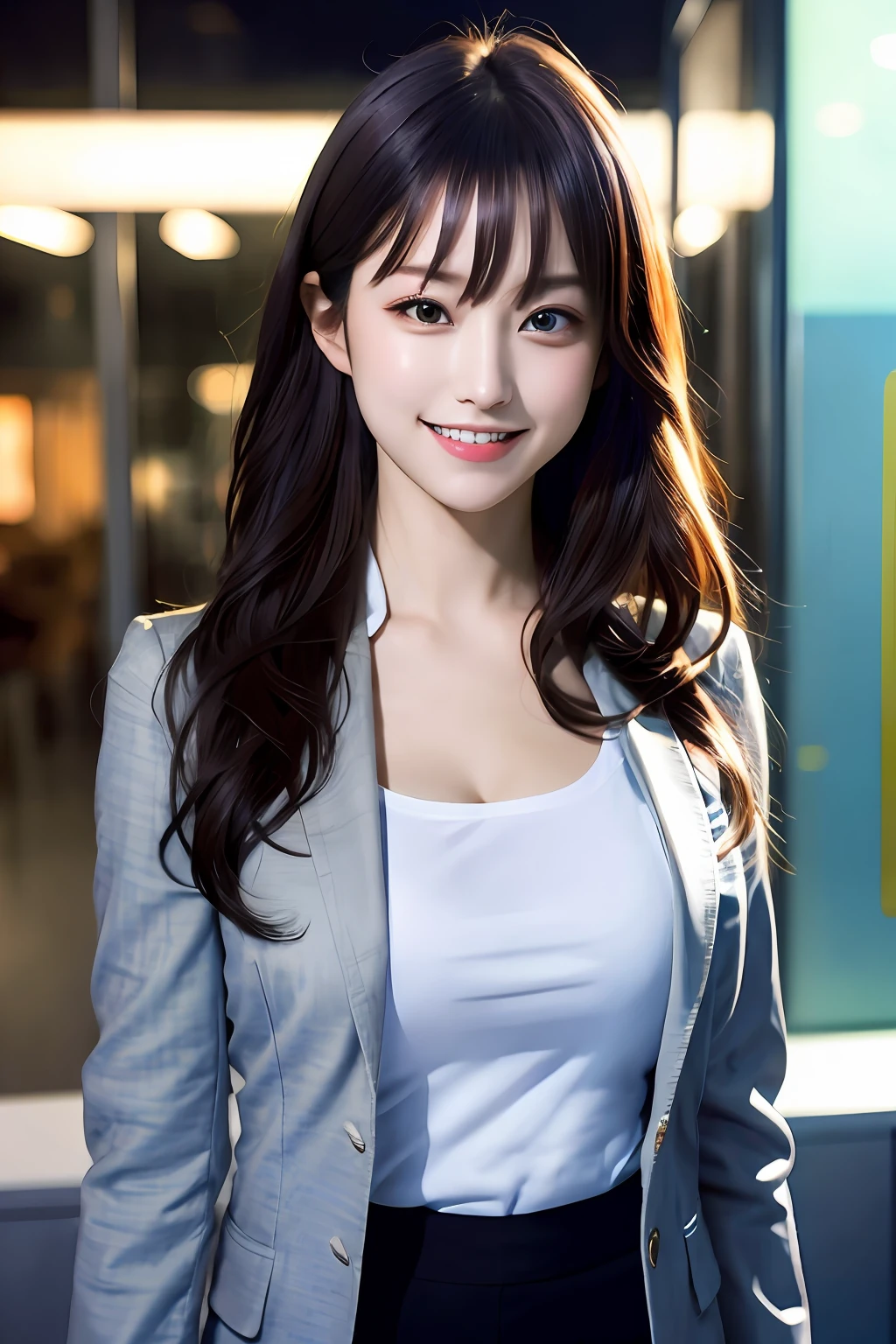 (8k, RAW photo, super high resolution, best quality, masterpiece: 1.2), (realistic illustration), (extremely detailed CG Unity 8k wallpaper), ridiculous, 1 girl, 21 years old, beautiful face, medium breasts, black medium hair, smile, tilted head, smile, upper body, slim pants, gray custom jacket, office, upper body, Nogizaka アイドル, actress, Korean country アイドル