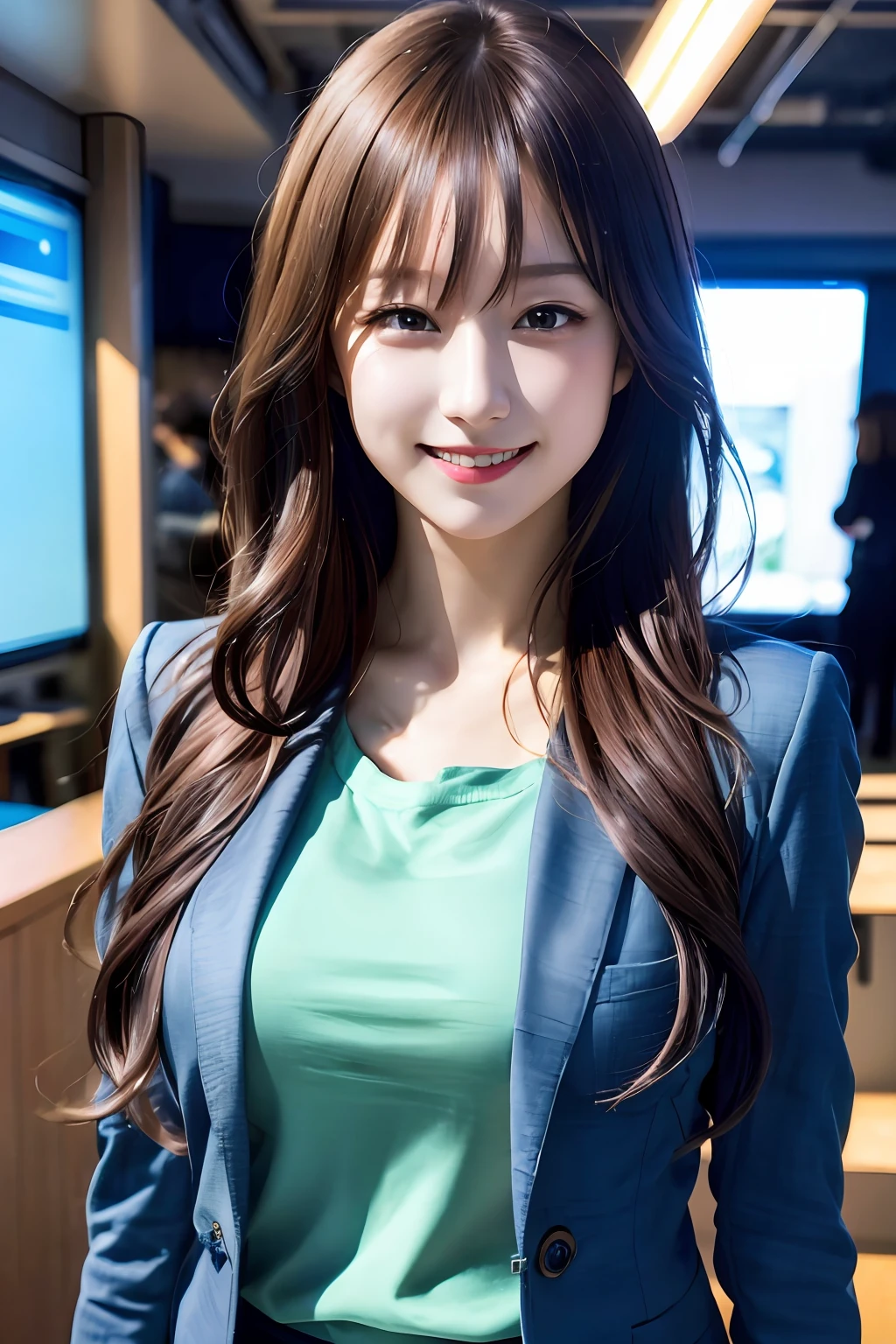 (8k, RAW photo, super high resolution, best quality, masterpiece: 1.2), (realistic illustration), (extremely detailed CG Unity 8k wallpaper), ridiculous, 1 girl, 21 years old, beautiful face, medium breasts, black medium hair, smile, tilted head, smile, upper body, slim pants, gray custom jacket, office, upper body, Nogizaka アイドル, actress, Korean country アイドル