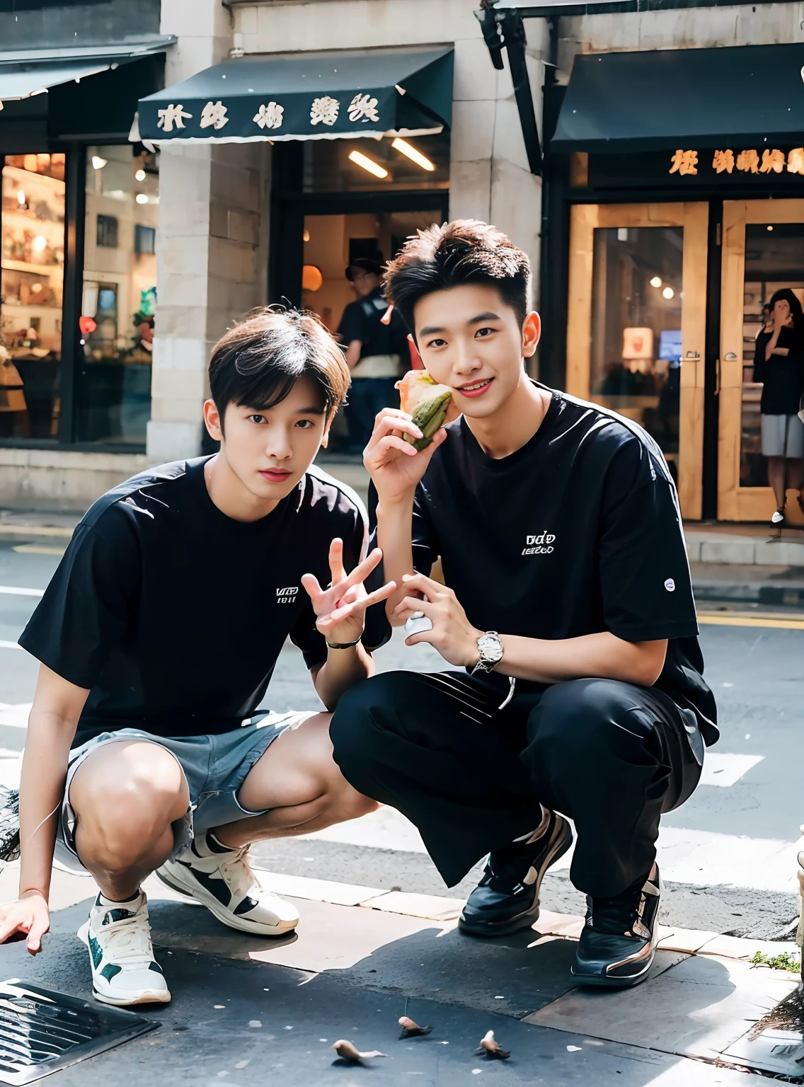 (Chinese handsome guy: 1.5), two boys squatting in the square feeding pigeons, realistic details, realistic photos, textured skin, looking at pigeons, feeding pigeons to eat, 18 years old boy, studio, model, long legs