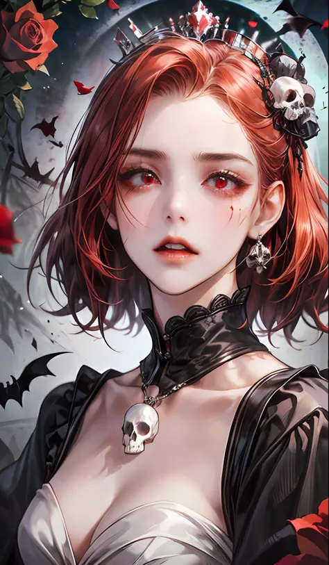 (funny, high resolution, super fine), (vampire), (one man and one woman), stunning facial features, red eyes (eye details), (melancholy icy eyes), short red hair, (gorgeous gothic costume), crown, rose, skull decoration, bat, blood stains on the corners of...