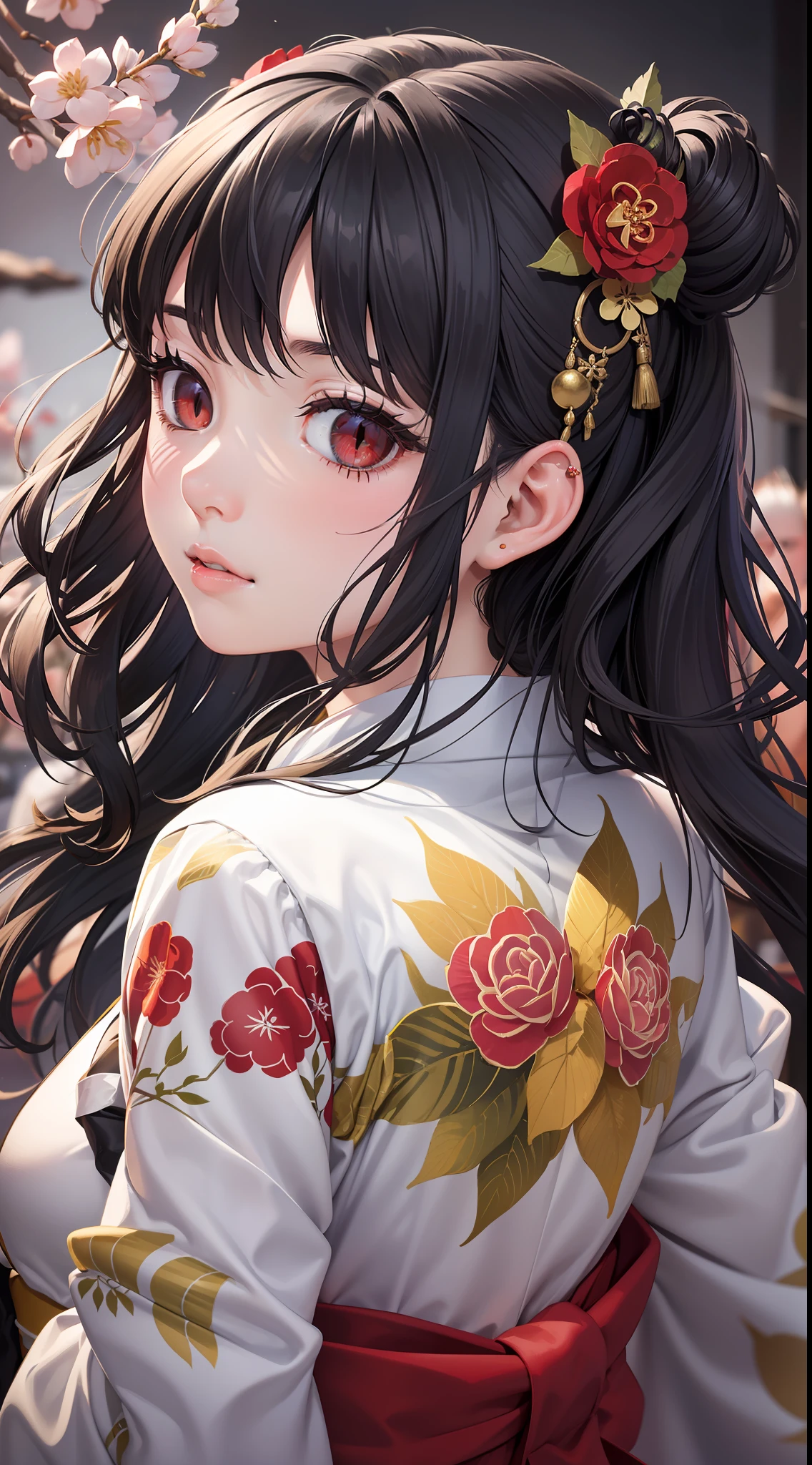 (Porträt, Gesichtsfokus) von (1 Mädchen) mit (rote Augen) Und (Schlange - Augen), (Schwarzes Haar) läuft ihr den Rücken hinunter (Lockere Wellen). Sie trägt ein auffälliges Weiß (Kimono) Und red floral motif, embodying the elegant charm von (Yamato Nanako) Und the seductive beauty von tradition (Japanische Schönheit). Yumi mit a wine bottle