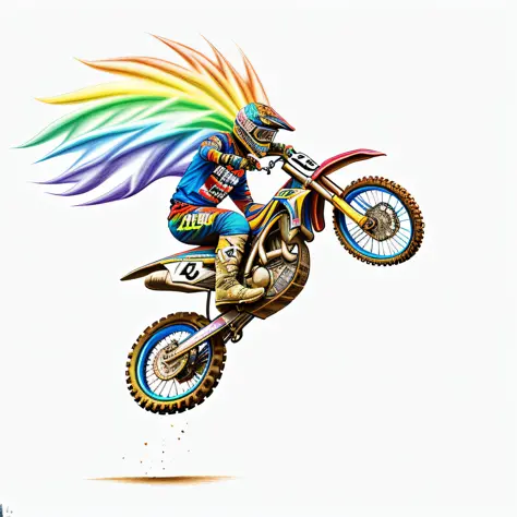 RainbowPencilRockAI jumping in the air Motocross racing on white background