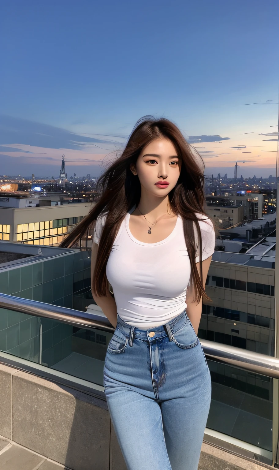 ((Midnight, Best quality, 8k, Masterpiece :1.3)), Whole body, Long legs, Sharp focus :1.2, A pretty woman with perfect figure :1.4, Slender abs :1.1, ((Dark brown hair, Big breasts :1.2)), (White tight tshirt, Jean bib, Standing:1.2), ((Night city view, Rooftop:1.3)), Highly detailed face and skin texture, Detailed eyes, Double eyelid