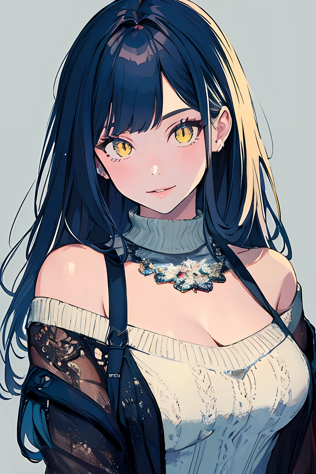 (masterpiece, top quality, best quality, official art, beautiful and aesthetic:1.2),
cateyes,1girl, solo, long hair, sweater, big breasts, cleavage, smile, yellow eyes, looking at viewer, blue hair, grey background, off shoulder, upper body, bare shoulders,
extreme detailed,highest detailed, optical mixing, playful patterns, lively texture, unique visual effect