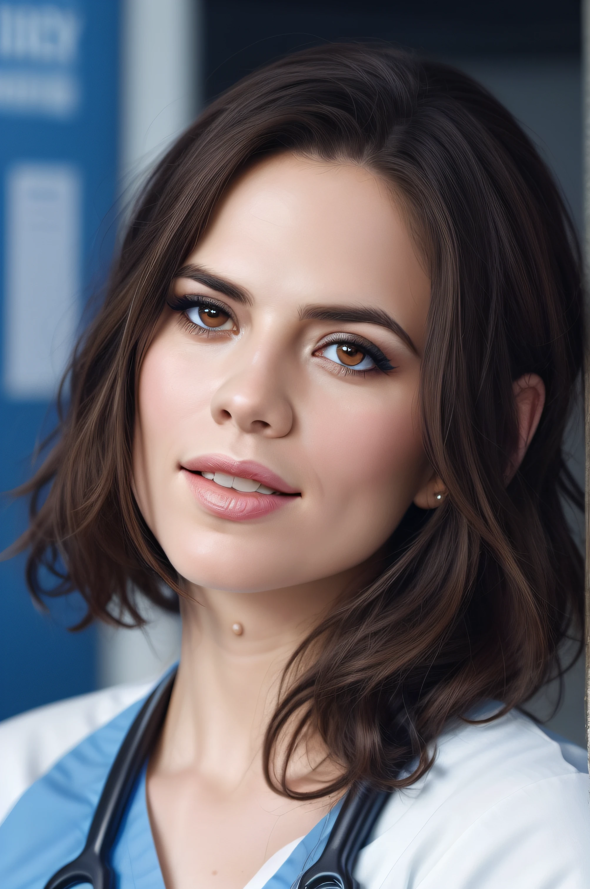 Beautiful woman, Hayley Atwell, wearing (blue hospital scrubs), beautiful legs, (short pixie hair), detailed eyes, (detailed realistic face), blush, confident smile, highly detailed, modelshoot style, (extremely detailed CG unity 8k wallpaper), (whole body shoot::1.4) photo of the most beautiful artwork in the world, hospital, fashion top model, trending on ArtStation, trending on CGSociety, Intricate, High Detail, Sharp focus, dramatic, photorealistic painting art by midjourney