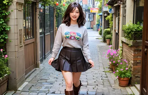 (Best Quality), Masterpiece, (Full Body:1.4641), (Photorealistic Photo:1.331), 4K Quality, 1 Female, Dark Brown Hair, Brown Eyes, Front, Detailed Face, Beautiful Eyes, Knitted Shirt, Long Leather Skirt, Long Boots, Laughter, Walking the Town, 28 years old,