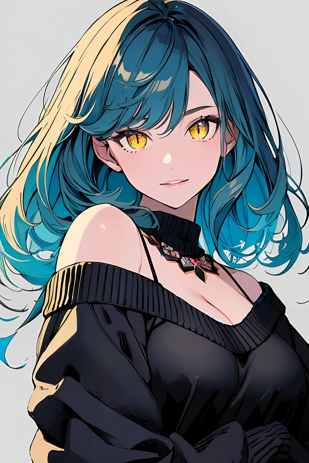 (masterpiece, top quality, best quality, official art, beautiful and aesthetic:1.2),
cateyes,1girl, solo, long hair, (sweater, big breasts, cleavage: 1.2), smile, yellow eyes, looking at viewer, blue hair, grey background, off shoulder, upper body, bare shoulders,
extreme detailed,highest detailed, optical mixing, playful patterns, lively texture, unique visual effect