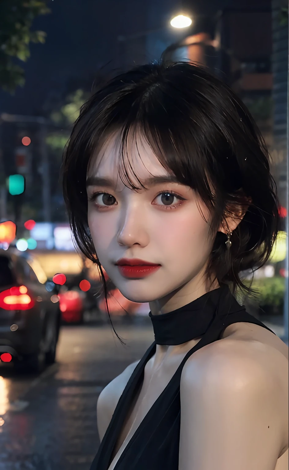 mix4, (8k, RAW photo, best quality, masterpiece: 1.45), (realistic, photorealistic: 1.37), one girl, cute, cityscape, night, rain, wet, professional lighting, photons mapping, radiosity, physically based rendering, gradient black hair, gray hair, short curly hair, handsome, girl, loose black lace(((Deep V-neckline)))slip dress, top quality photo, high res, 1080p, (clear face), (detailed face description), (detailed hand description), (masterpiece), (exquisite CG), extreme light and shadow, disheveled hair, master work, rich details, (fine facial features), (highest quality photo), (masterpiece), (detailed eyes), look in front of you eyes, fine clavicle, ((big breasts, huge areola)),(((areola_slip))),((puffy areolae)),((sideboob)),(underboob),(((collar))),earrings,cleavage,(NSFW:1.2)