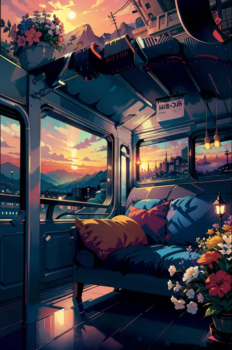 masterpiece, high quality, train, train compartment, exquisite interior, window view, bridge, sea, mountains, sunset, city, neon...