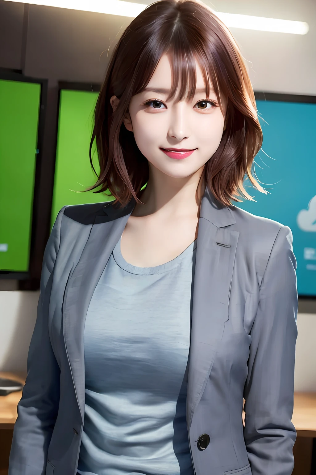 (8k, RAW photo, super high resolution, best quality, masterpiece: 1.2), (realistic illustration), (extremely detailed CG Unity 8k wallpaper), ridiculous, 1 girl, 21 years old, beautiful face, medium breasts, black medium hair, smile, tilted head, smile, upper body, slim pants, gray custom jacket, office, upper body, Nogizaka アイドル, actress, Korean country アイドル