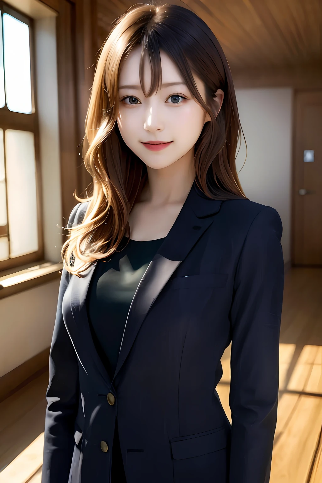 (8k, RAW photo, super high resolution, best quality, masterpiece: 1.2), (realistic illustration), (extremely detailed CG Unity 8k wallpaper), ridiculous, 1 girl, 21 years old, beautiful face, medium breasts, black medium hair, smile, tilted head, smile, upper body, slim pants, gray custom jacket, office, upper body, Nogizaka アイドル, actress, Korean country アイドル