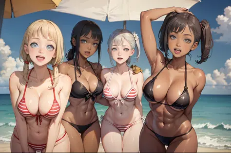 (masterpiece), maximum quality, (colored: 1.1), (5 girls, group shot: 1.4), (slim body: 1.1), (huge: 1.5), (dark skin: 1.1), (muscles: 1.1), blonde hair, silver hair, twin tails, (leaning forward: 1.4), (open mouth, happy smile: 1.1), (winc: 1.4), peace si...