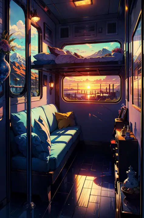 masterpiece, high quality, train, train compartment, exquisite interior, window view, bridge, sea, mountains, sunset, city, neon...