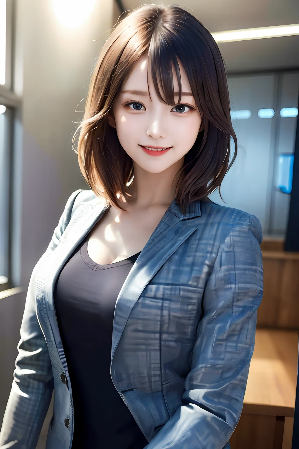 (8k, RAW photo, super high resolution, best quality, masterpiece: 1.2), (realistic illustration), (extremely detailed CG Unity 8k wallpaper), ridiculous, 1 girl, 21 years old, beautiful face, medium breasts, black medium hair, smile, tilted head, smile, upper body, slim pants, gray custom jacket, office, upper body, Nogizaka アイドル, actress, Korean country アイドル