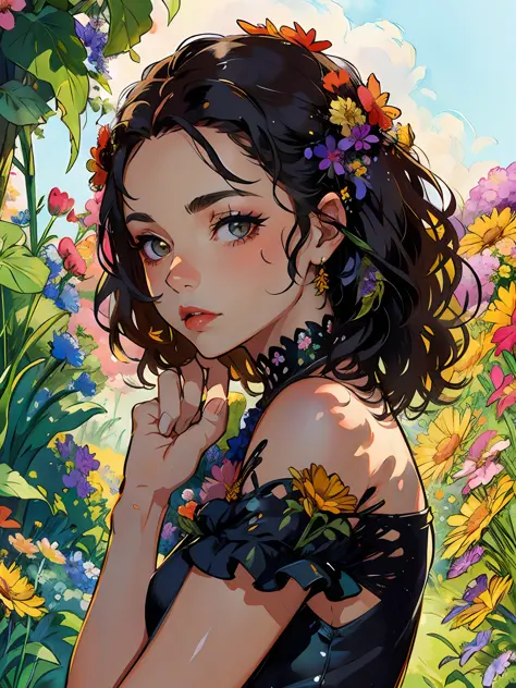 hd, (best details) (best quality), (illustration), (((flowers))), ((hair decorating flowers))), ((surrounded by flowers))), gard...