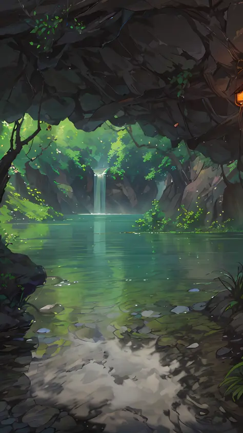 Chinese ancient times, spring, jungle, lake, cave, waterfall, tree, meadow, rock, deer, hot spring, water vapor, (illustration: 1.0), epic composition, realistic lighting, HD details, masterpiece, best quality, (very detailed CG unified 8k wallpaper)