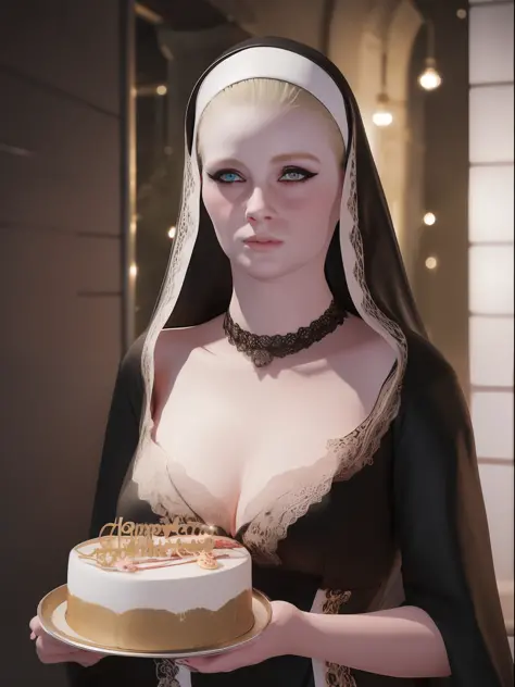 pretty blonde woman nun veil , birthday party , cake ,8k ,realistic