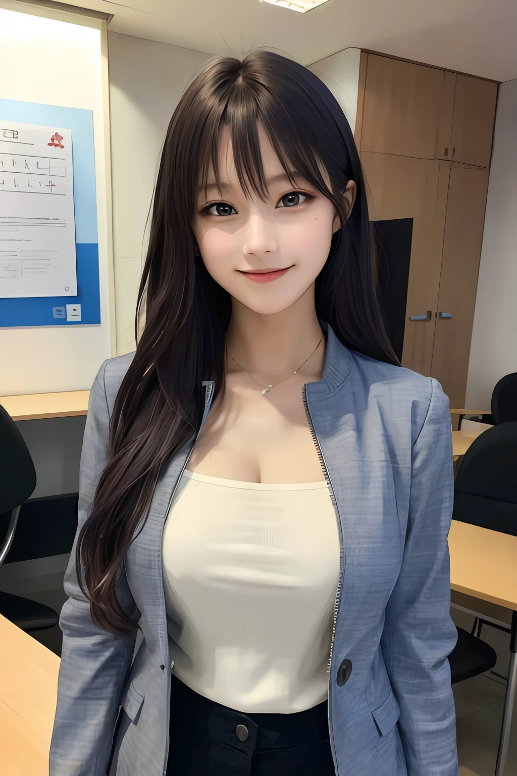 (8k, RAW photo, super high resolution, best quality, masterpiece: 1.2), (realistic illustration), (extremely detailed CG Unity 8k wallpaper), ridiculous, 1 girl, 21 years old, beautiful face, medium breasts, black medium hair, smile, tilted head, smile, upper body, slim pants, gray custom jacket, office, upper body, Nogizaka アイドル, actress, Korean country アイドル