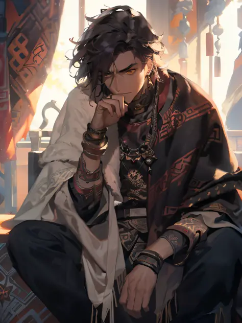 A handsome guy in Chinese Tibetan clothes, sitting, looking thoughtful, with his right hand supporting his chin and his left hand on his leg, the sun is just right, dark color theme background