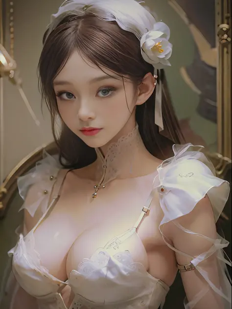 (Pure Color: 0.9), (Color: 1.1), (Masterpiece: 1,2), Best Quality, Masterpiece, High Resolution, Original, Highly Detailed Wallpaper, Beauty, Beauty, Victorian, Dress, Melancholy, Big Breasts,