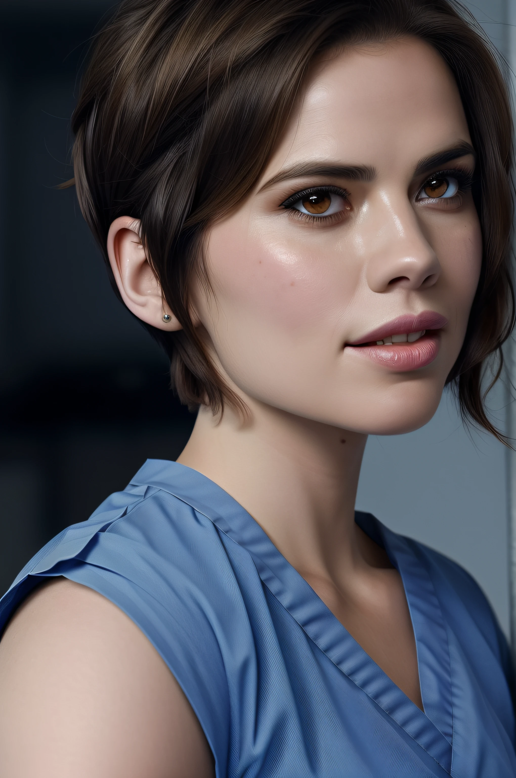 Beautiful woman, Hayley Atwell, wearing (light blue hospital scrubs), beautiful legs, (very short pixie hair::1.3), detailed eyes, (detailed realistic face), (skin texture), freckles, blush, confident smile, head tilted to side, highly detailed, modelshoot style, (extremely detailed CG unity 8k wallpaper), (whole body shoot::1.4) full body photo of the most beautiful artwork in the world, hospital, fashion top model, trending on ArtStation, trending on CGSociety, Intricate, High Detail, Sharp focus, dramatic, photorealistic painting art by midjourney