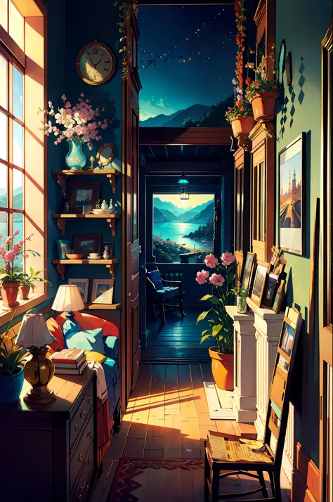 A masterpiece, an exquisite view from a large window, shelves with books, watercolor paintings, paintings on the walls, a firepl...