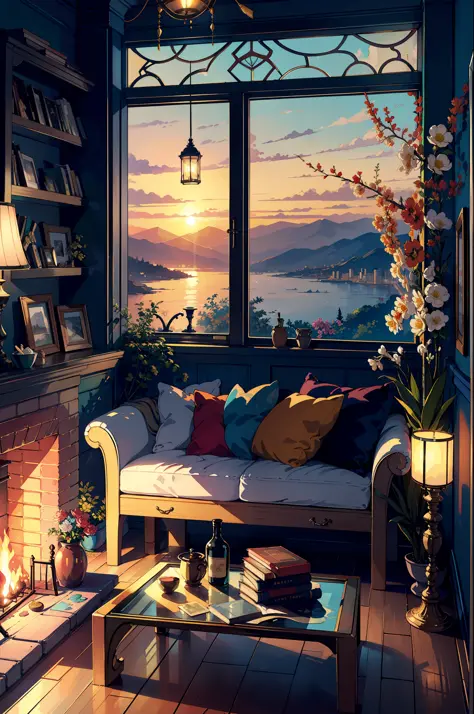 A masterpiece, an exquisite view from a large window, shelves with books, watercolor paintings, paintings on the walls, a firepl...