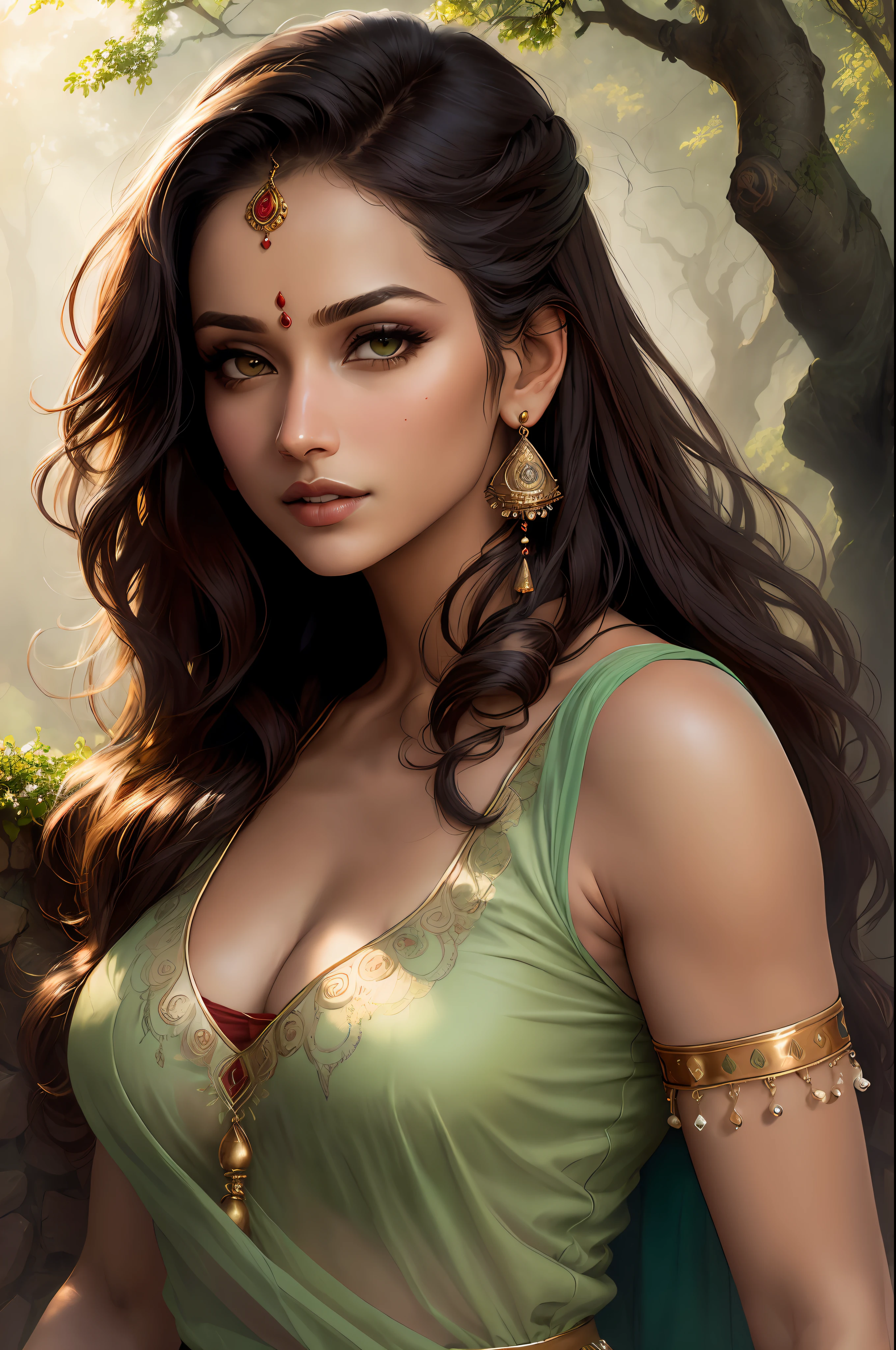 A woman in a green dress with gold jewelry and a tree - SeaArt AI