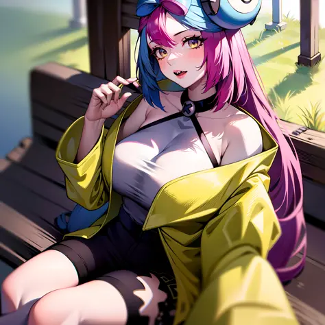 masterpiece, best quality, highres, iono1, 1girl, long hair, large breasts, yellow jacket, off shoulder,  hair ornament, bench, ...