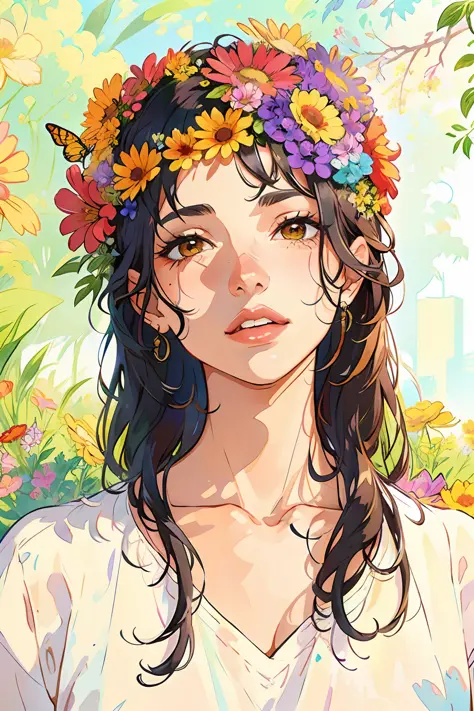 hd, (best details) (best quality), (illustration), (((flowers))), ((hair decorating flowers))), ((surrounded by flowers))), gard...